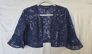 Scarlett Jacket Womens 4P Blue Lace Sequin Open Front Bell Sleeve Short